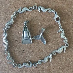 Silver Seahorse Bracelet + Flipper Charm + Tail